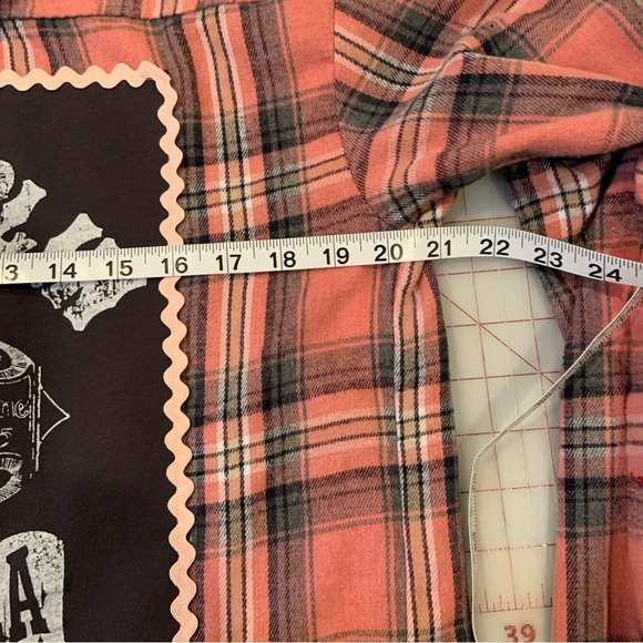 Women’s custom Janis Joplin Upcycled Pink Plaid Flannel Band Shirt. Sz M-L - Picture 8 of 10